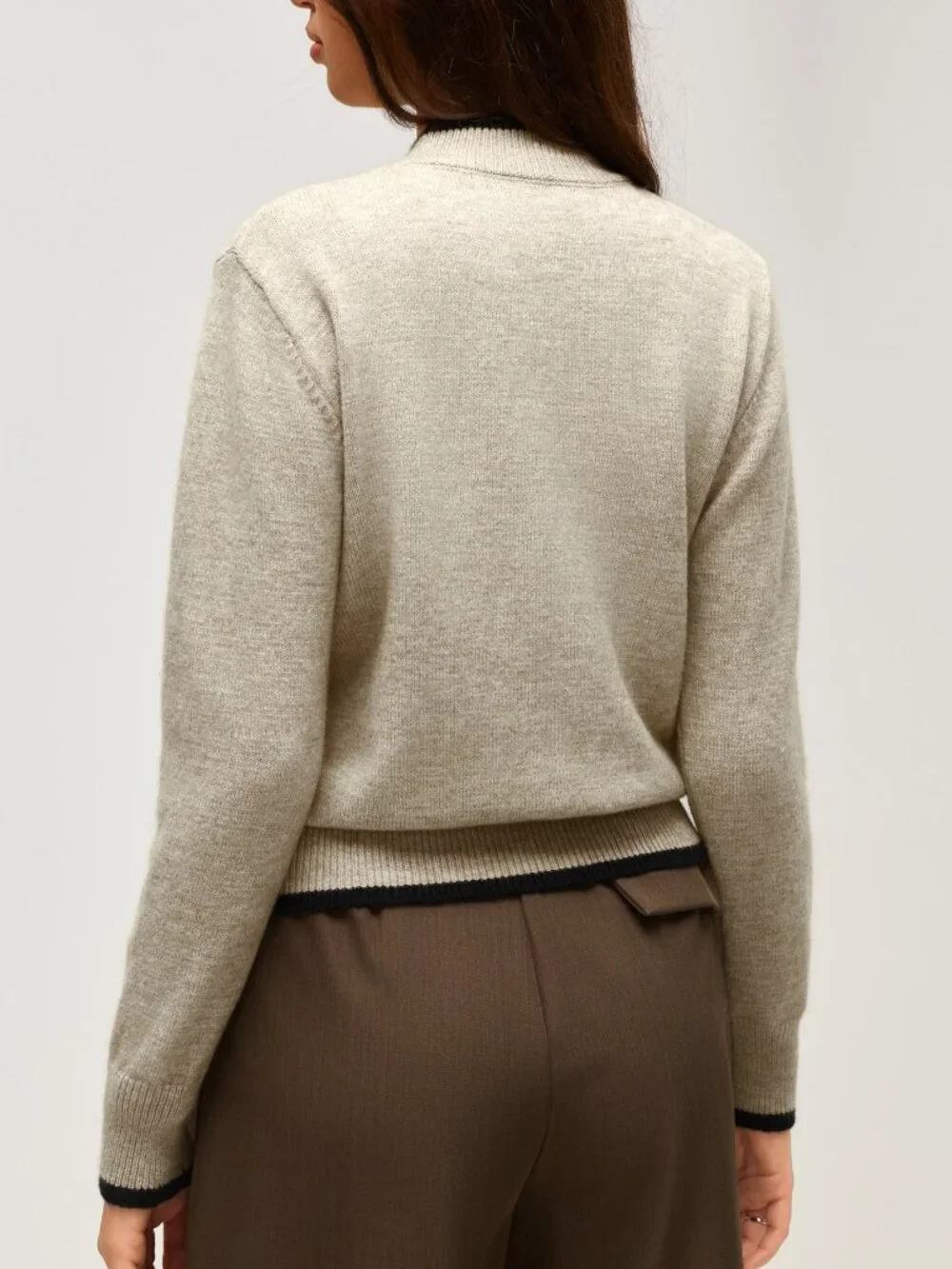 Khaki Casual Women's Contrast Trim Half-High Neck Gold Button Knit Sweater